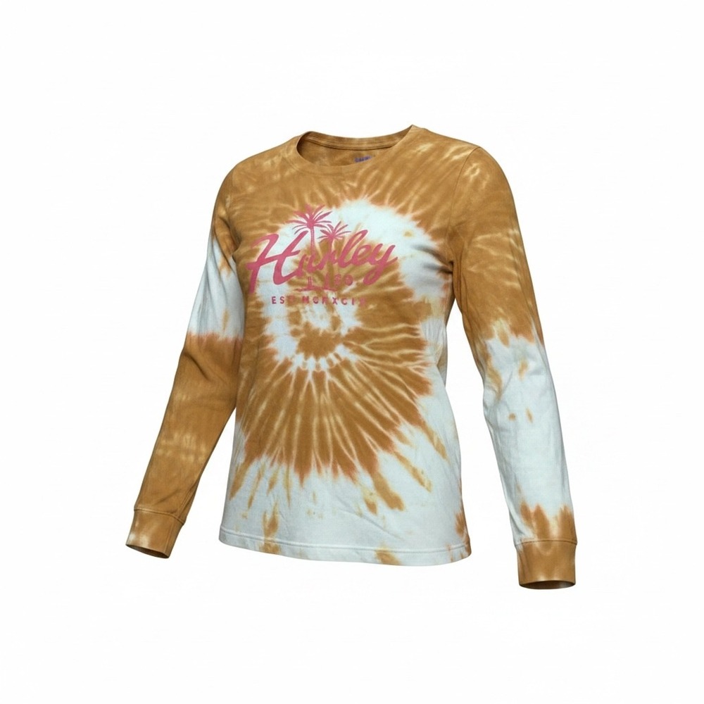 Hurley Womens Long Sleeve Tie Dye Graphic Tee Gold White Palm Tree Size L